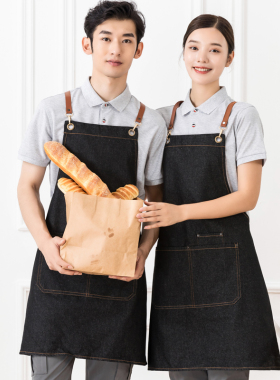 牛仔挂肩工作服围裙餐饮饭店奶茶店咖啡厅围裙定制美甲店专用围裙