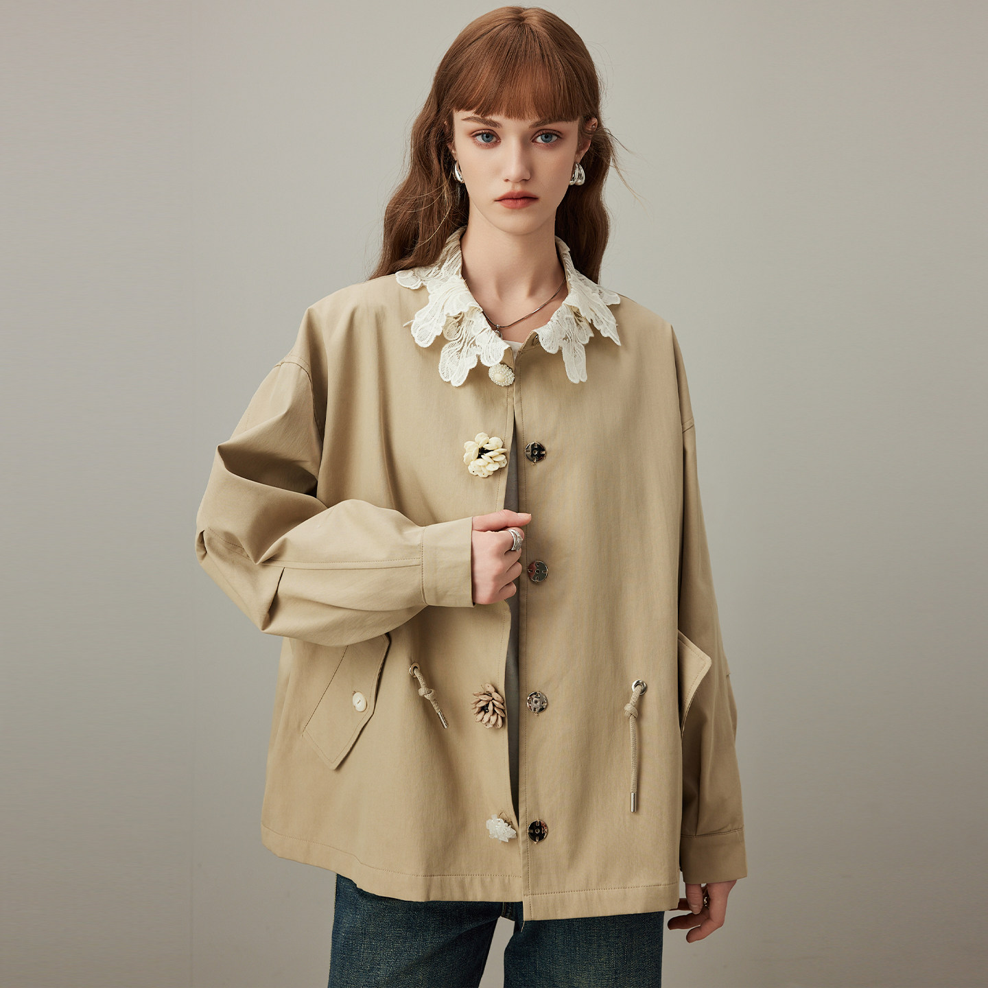 预售韩版纯棉短款风衣外套女2025年秋季新款抽绳宽松休闲夹克上衣