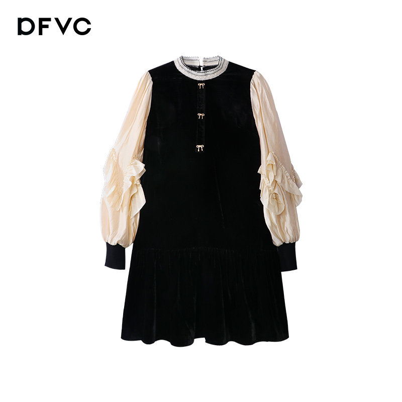 dfvc春季赫本风黑色拼接丝绒连衣裙 dfvc连衣裙