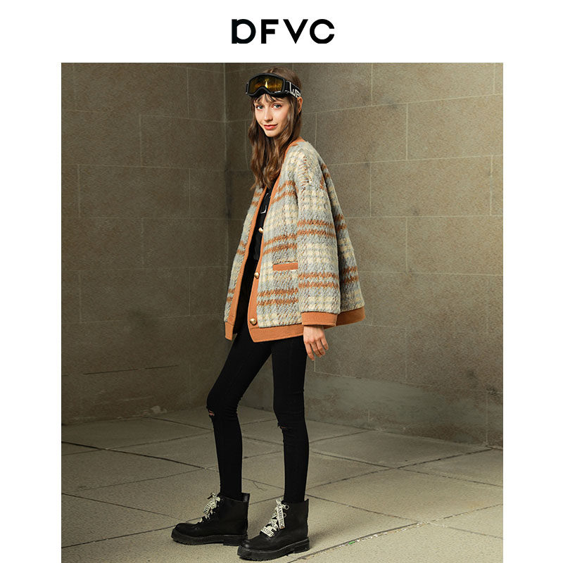dfvc2021新款v领小香风格子毛呢女 dfvc毛呢外套