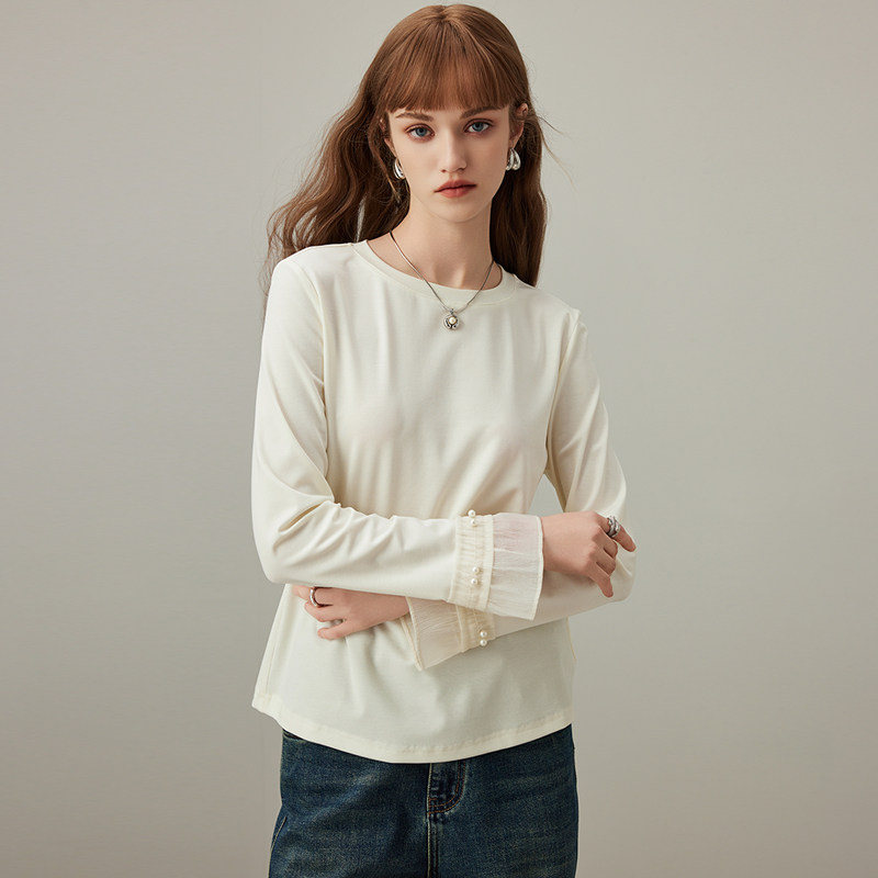 dfvc简约百搭纯色圆领长袖T恤女2026年春季新款喇叭袖内搭打底衫,淘宝优惠券,粉丝福利购,淘宝优惠卷