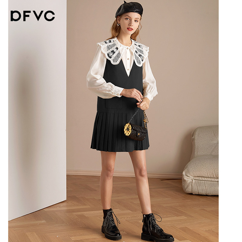 dfvc黑色法式娃娃领连衣裙女秋衬衫 dfvc连衣裙