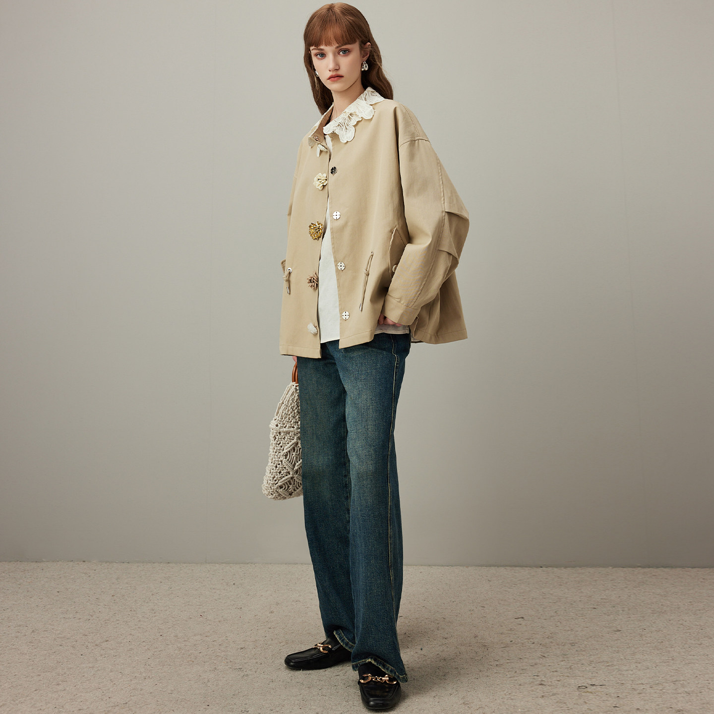 预售韩版纯棉短款风衣外套女2025年秋季新款抽绳宽松休闲夹克上衣