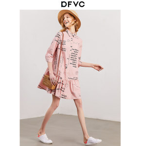 dfvc2020春季新款粉色纯棉荷叶边连衣裙女小个子娃娃款衬衫裙子潮