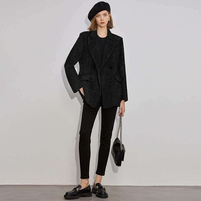 dfvc黑色通勤休闲西装绵羊毛呢外套女2025年冬季新款双面呢子大衣,淘宝优惠券,粉丝福利购,淘宝优惠卷