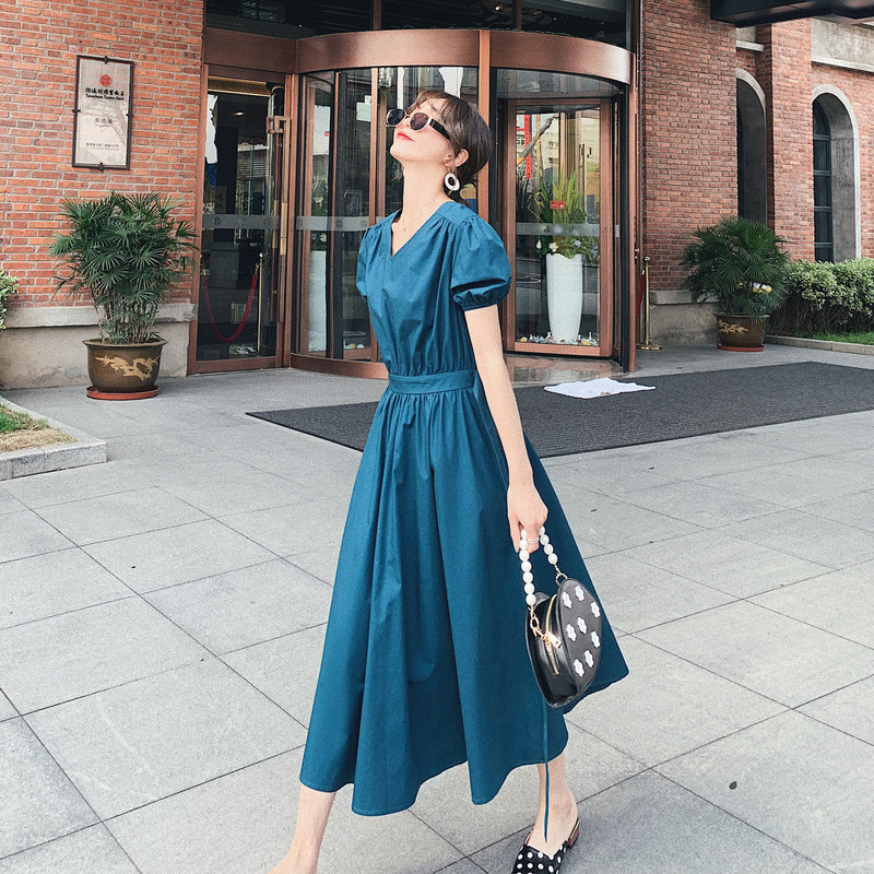 孔雀蓝色泡泡袖连衣裙女夏季2020 夏梵尼连衣裙