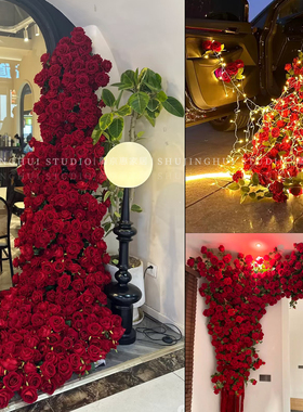 绒布玫瑰仿真花玫瑰花单支红色永生花束家居装饰婚房布置瀑布玫瑰