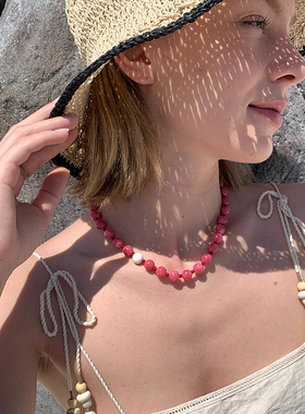 草莓糖粉色系度假感手工串珠项链