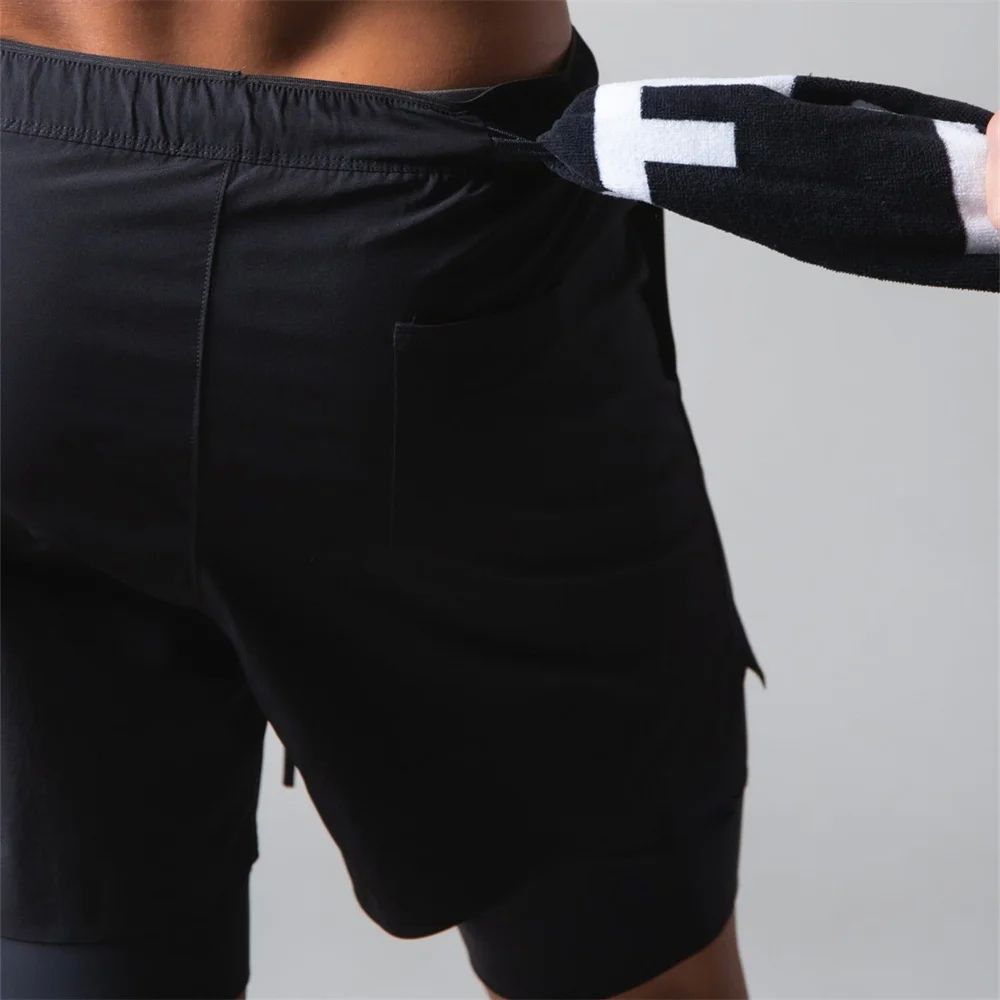 Black 2 in 1 Shorts Men Gym Fitness Bodybuilding Quick-dry P - 图3