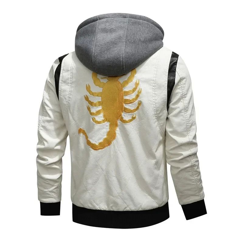 Autumn Winter Bomber Leather Jacket Men Scorpion Embroidery-图1