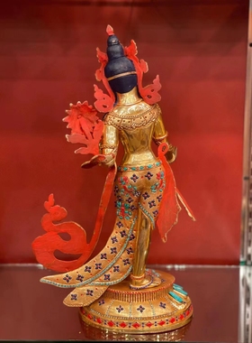 白度母站立像尼泊尔精品全鎏金镶嵌宝石白卓玛铜雕高度41cm