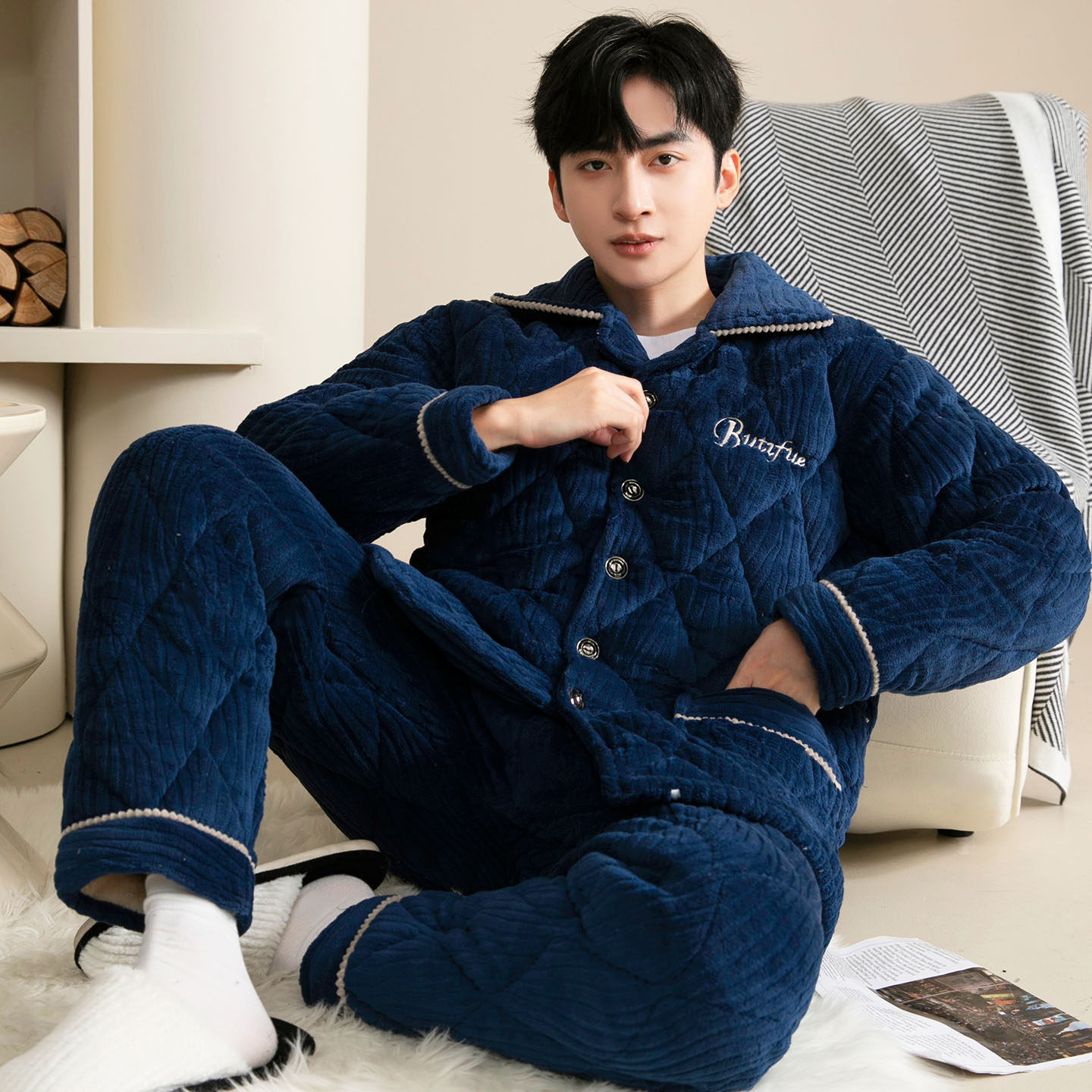 秋冬季三层加厚男士法兰绒夹棉睡衣加大保暖珊瑚绒家居服棉袄套装,淘宝优惠券,粉丝福利购,淘宝优惠卷