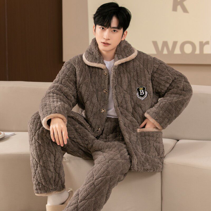 男士睡衣秋冬季款珊瑚绒三层夹棉睡衣男加厚法兰绒家居服棉袄套装,淘宝优惠券,粉丝福利购,淘宝优惠卷