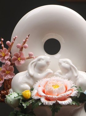 速发《玉兔生辉》陶瓷兔子摆瓷手捏件花工艺品白瓷客意创厅办公室