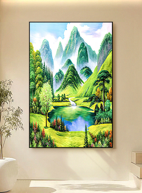聚宝盆客厅招财装饰画山水风景画办公室风水靠山图自粘画流水生财