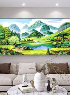 聚宝盆山水风景自粘贴画办公室招财挂画新中式客厅沙发背景装饰画