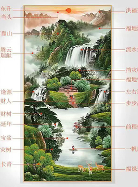 聚宝盆山水画风水靠山图入户玄关装饰画自粘贴画高山流水招财壁画