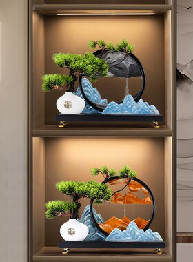 速发摆中式迎客松流沙画新玄沙漏客厅电视酒柜件关办公室桌面装饰