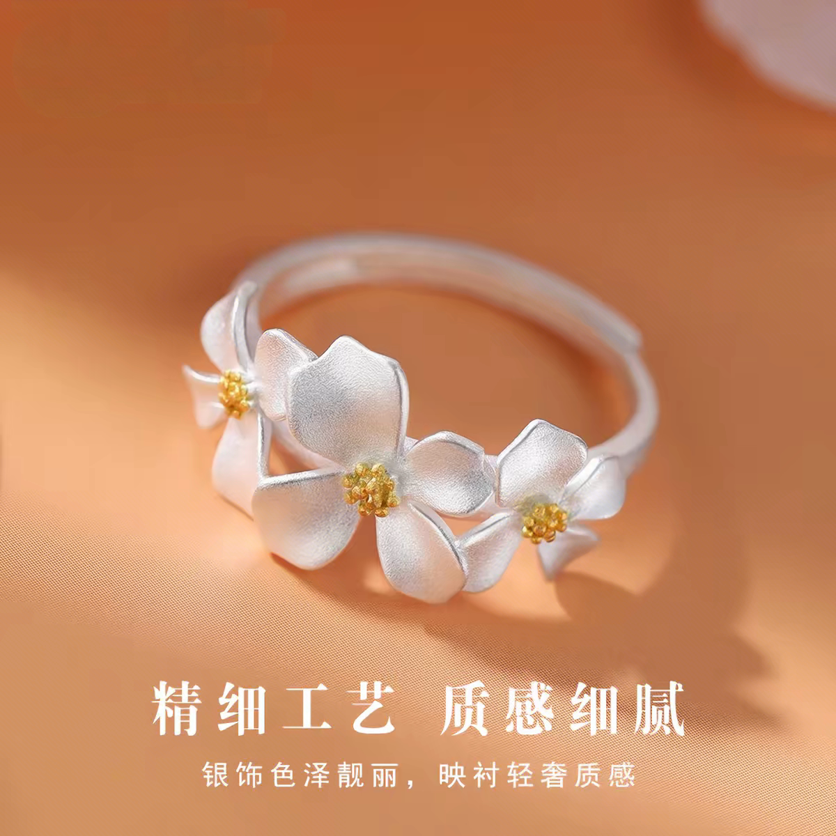 Pure silver 999 gardenia ring fresh literary flower sterling silver ring gift for girlfriend