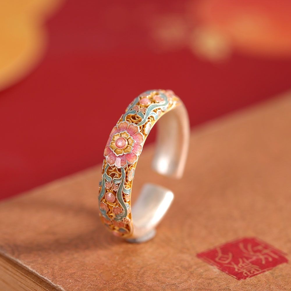 Sea of Flowers pure silver 9999 enamel colorful crabapple blossom sterling silver ring national style new Chinese style versatile ring gift