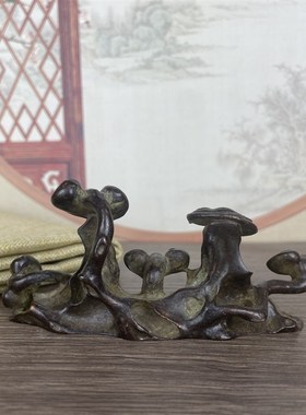 速发件玩复古老铜灵芝如意摆件实心铜雕如意手把古铜笔架茶台茶宠