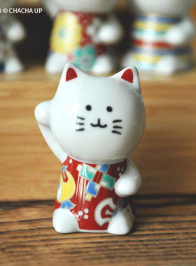 茶茶向上 日本进口青郊窑九谷烧陶瓷彩绘吉祥印花猫日式摆件
