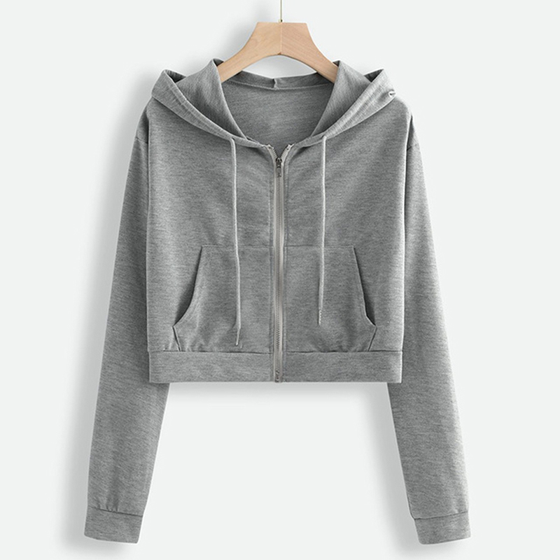 Women Drawstring Short Crop Sexy Zipper Hoodies Sweatshirt-图0