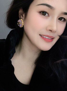 精美设计感彩色干花琥珀耳环法式复古镀18K哑金高级感个性耳饰品