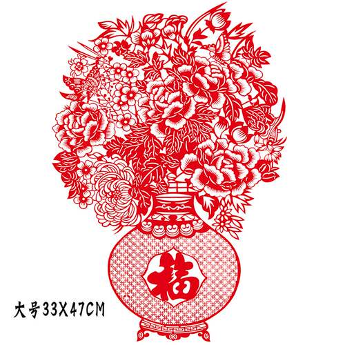 元旦马年春节刻纸中国特色年画无纺布剪纸作品窗花玻璃贴福春花瓶 - 图0