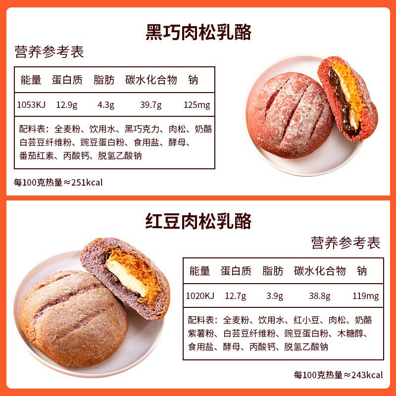 欧包全麦面包黑巧克力乳酪早餐肉松 浦硒食品西式糕点