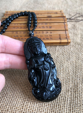 黑曜石站观音挂件证书护身符项链