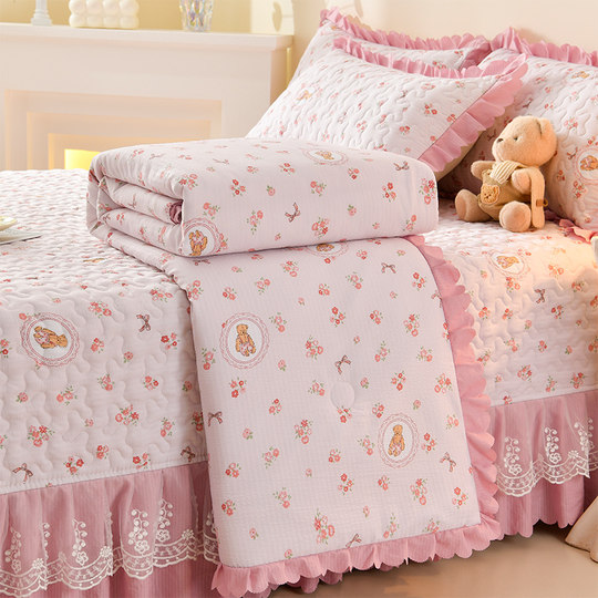 夹棉床盖四件套全棉公主风韩版床裙四季通用加厚床单纯棉夏被床上