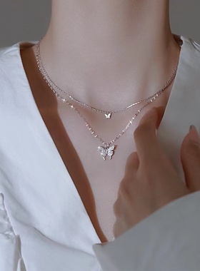 999纯银项链女足银2022新款可爱蝴蝶双层简约ins锁骨链情人节礼物