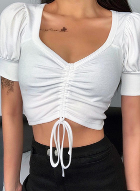 Shirred short-sleeved crop top women's clothing白色黑色紫色