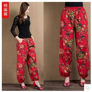 Bloomers northeastern large floral cloth chinese ethnic style trousers cotton and linen retro women's pocket xia xin