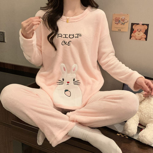 2023年新款法兰绒睡衣女秋冬季珊瑚绒学生套头保暖可爱家居服套装 - 图1