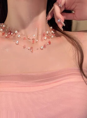 合金材质粉色碎石珍珠项链女