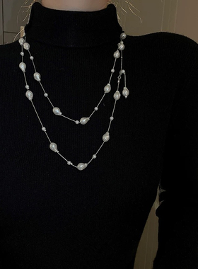 合金材质长款珍珠流苏项链女