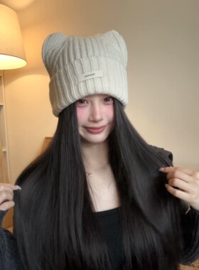 罗猪猪【猫耳朵】100%澳洲羊毛可爱猫耳朵针织毛线帽女冬季保暖显