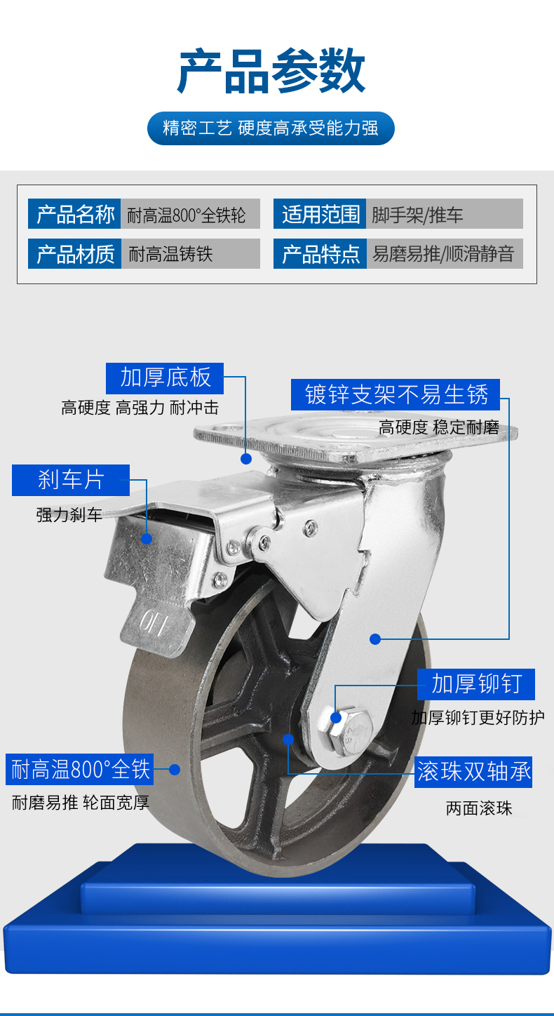 重型5寸6寸8寸全铁轮铸铁万向轮带刹耐磨载重耐高温推车轮定向轮 - 图1