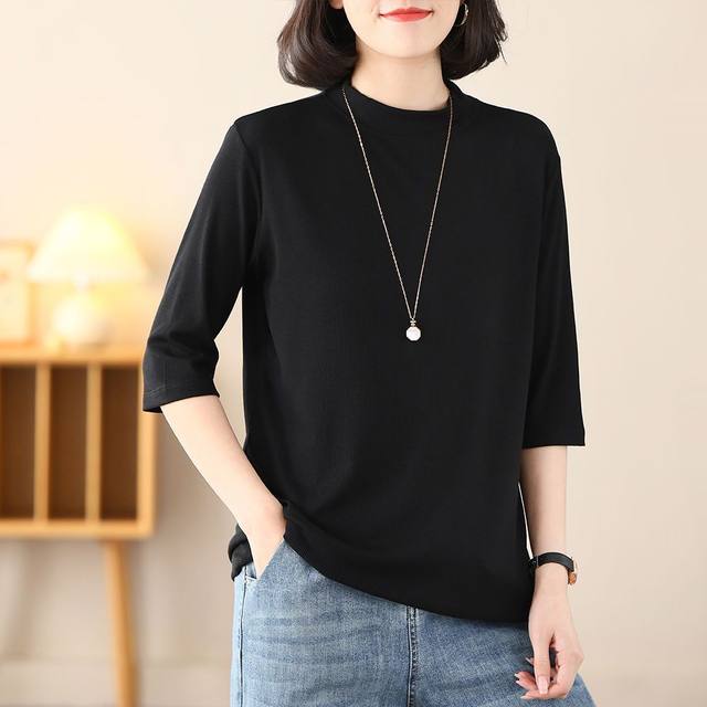 Women's loose large size half turtleneck medium sleeve t-shirt