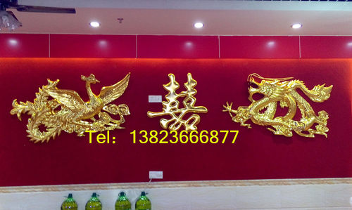 酒楼大厅堂钛金玻璃钢酒店背景墙龙凤双喜雕塑浮雕壁画大厅龙凤囍 - 图3