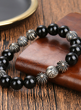 手链手串佛珠饰品礼物男士情侣纯银复古个性十字架手串黑玛瑙