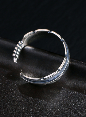 银开口情侣对戒女羽毛S925戒指