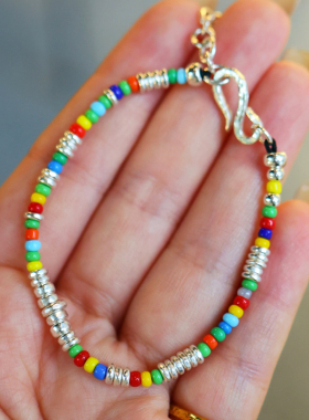 手工银盘缠碎银子珠高级设计小众叠戴彩色琉璃 小众手链手串复古