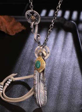 木村拓哉同款925银高桥吾郎风格天然松石羽毛太角毛衣链长项链男