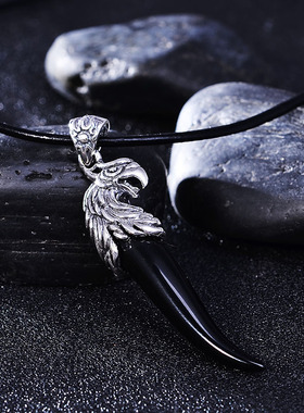 银饰品复古鹰头黑玛瑙男士吊坠