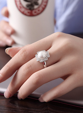 925银天然珍珠满钻指环时尚饰品