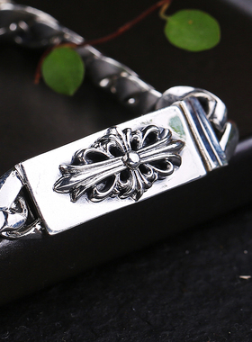 天使之愿925银复古泰银男士手链男光面十字架男款手链 霸气情侣款