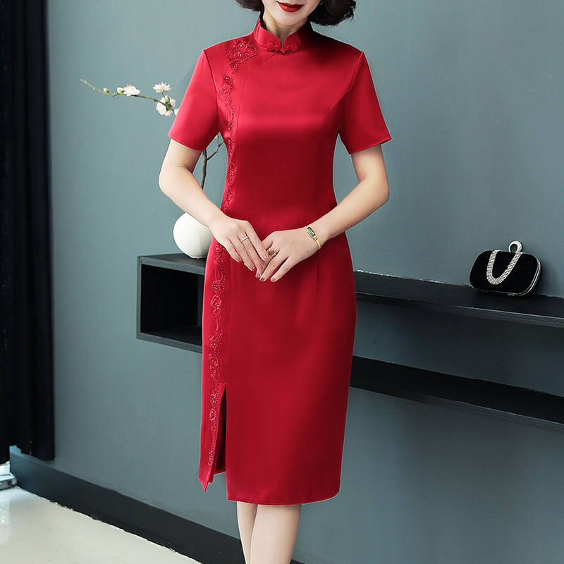 喜妈妈参加婚礼醋酸旗袍改良版夏季气质婚宴礼服连衣裙女2022新款